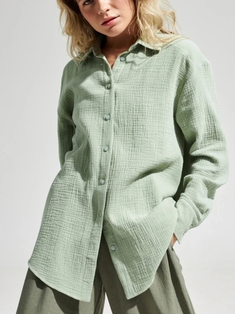 Bornladies 2025 Women's Spring Summer 100% Cotton Shirts Office Lady  Fashionable Solid Lady Long Sleeve Loose Tops Crepe Shirts