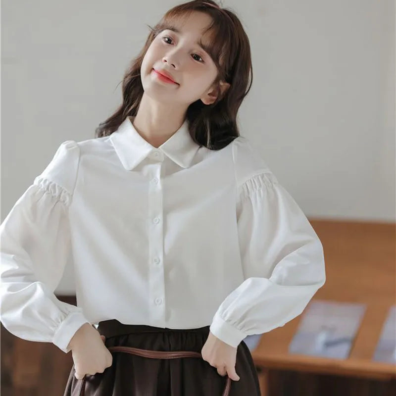 Autumn Sweet Cute White Chiffon Blouse Women College Style Lantern Sleeve Turndown Collar Shirts Versatile Single-Breasted Shirt