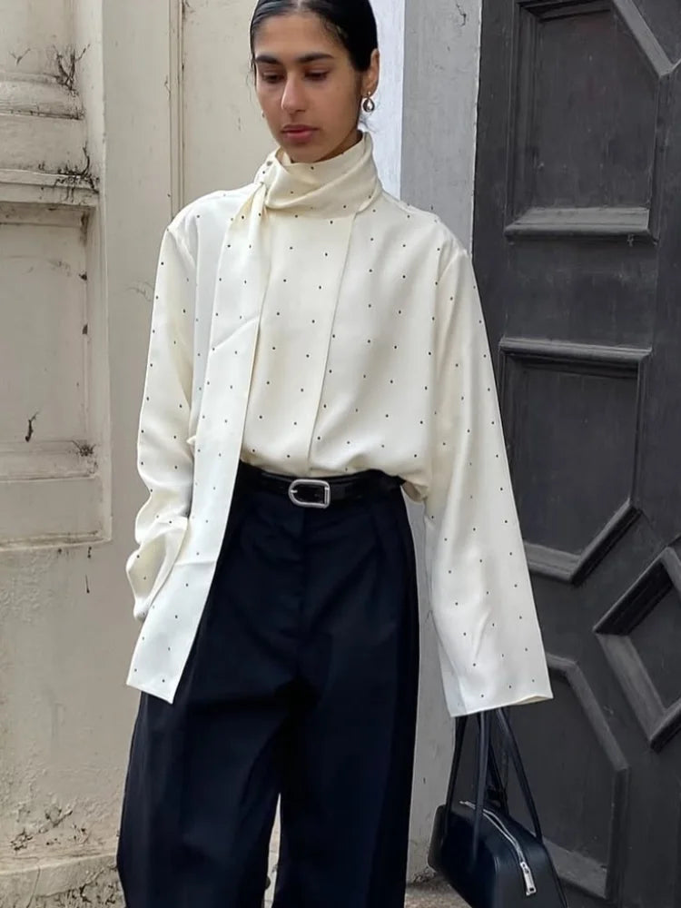Satin Scarf Neck Polka Dot Printing Women Blouse Fashion Full Sleeve Loose Basic Shirt Lady Autumn New Highstreet Commute Wear
