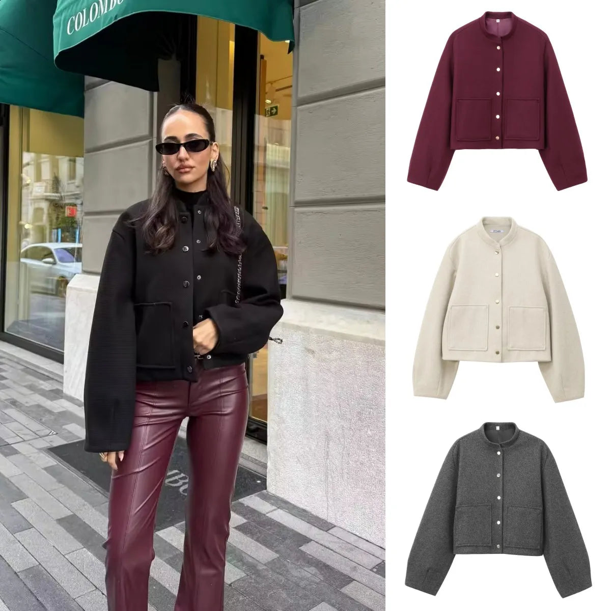 Short bomber jacket with patch pockets ETJ 2025 - New Product - 3D Cut and Loose Fit Long Sleeve Short Coat for Women