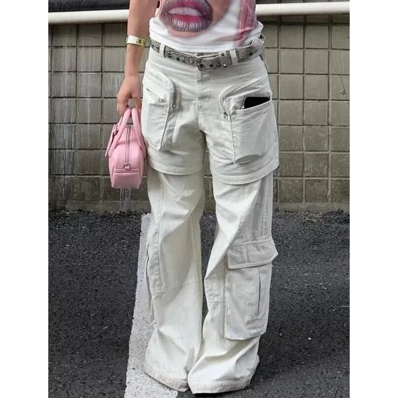 Women White High Waist Jeans Multiple Pockets Design Feeling Vintage Streetwear Y2K Wide Leg Jeans Female Trouser Denim Pants