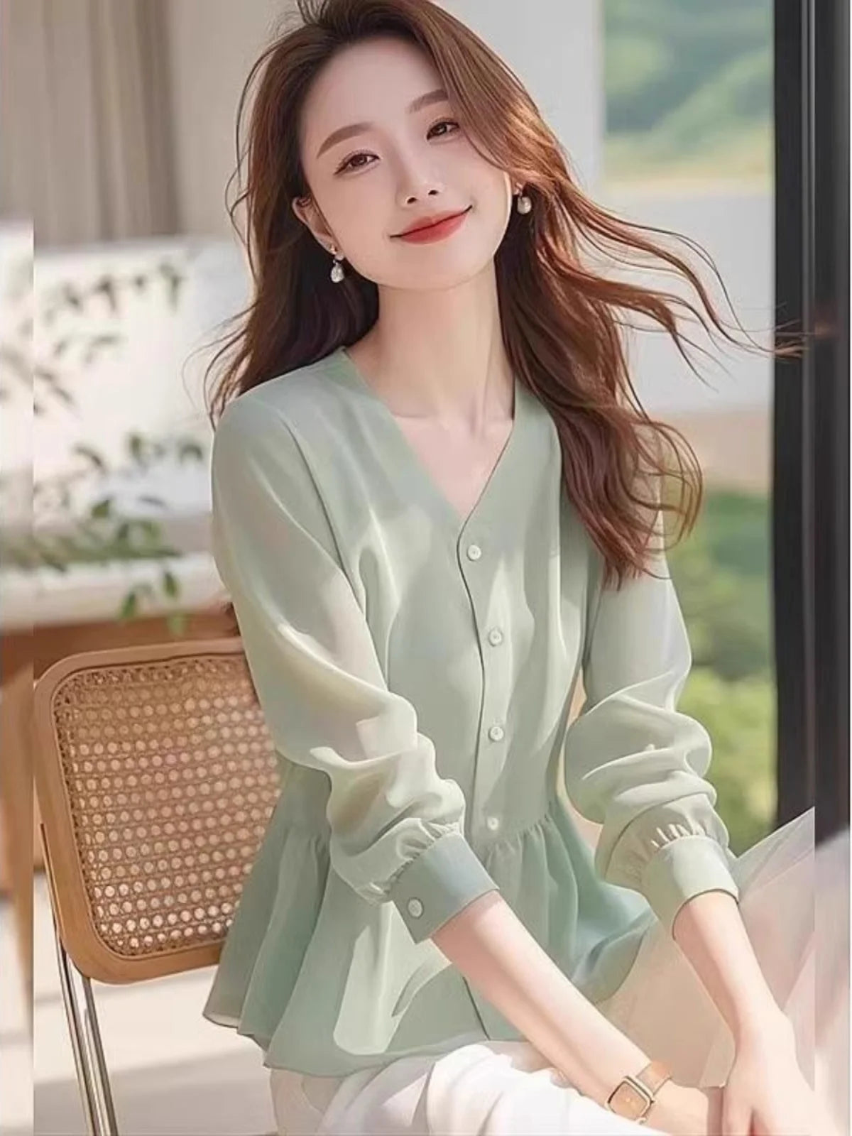 Sli een irt Women's Ele Cover Belly Top Spring 2025 New Faion High End Korean Loose Fit V-Ne Long Sve