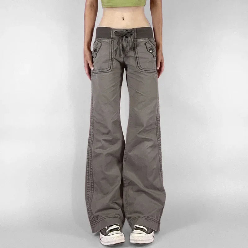 Jeans Women Wide Leg Pants Drawstring Lace Up Low Waist Floor Length Distressed Pockets Denims Straight Trousers  Streetwear
